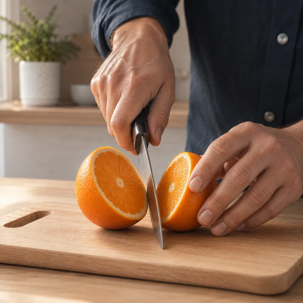 Appelsinen skæres i to lige store halvdele med en kniv på et skærebræt